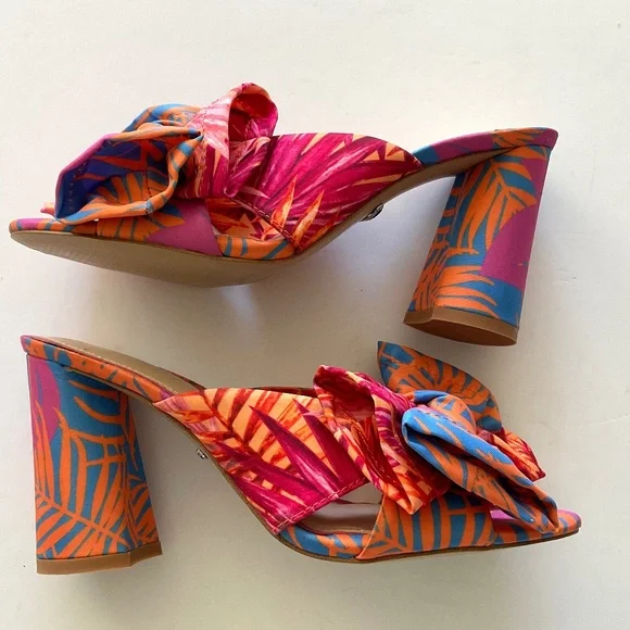 GIANNI BINI Keily Palm Printed Bow Detail Block Heel Dress Sandal Size 7.5 - Picture 9 of 10